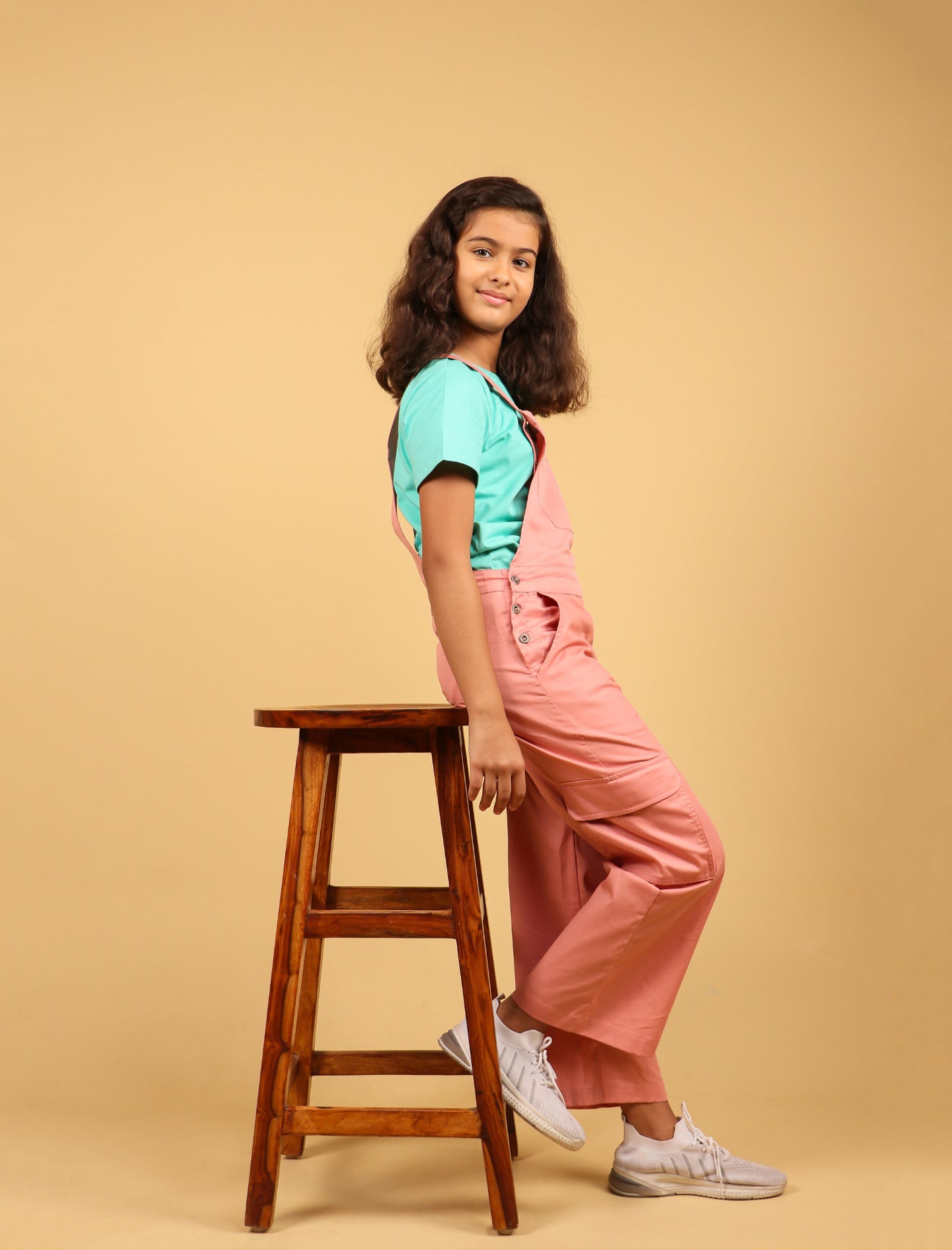 Cargo Twill Cotton Dungaree for Girls Kids (Peach) - Tweeny Mini