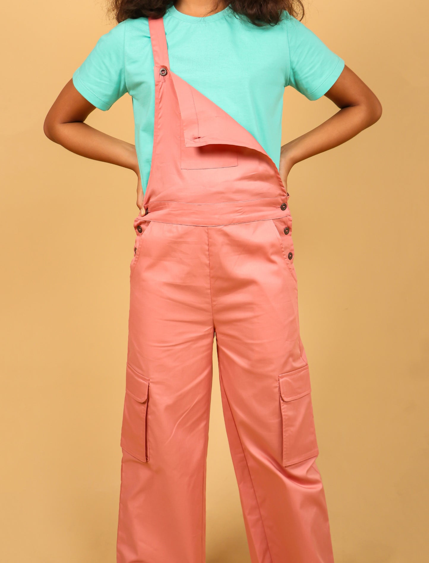 Cargo Twill Cotton Dungaree for Girls Kids (Peach) - Tweeny Mini