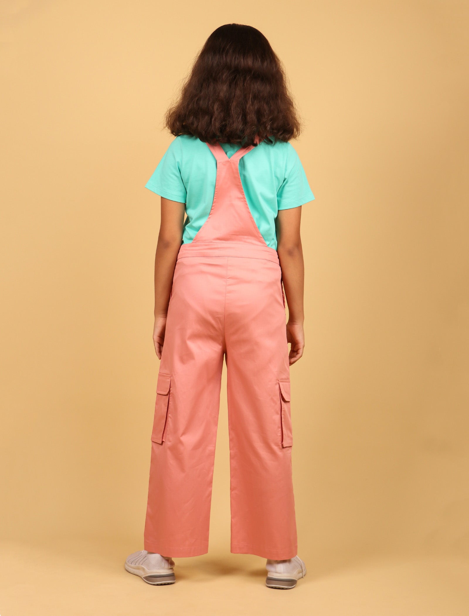 Cargo Twill Cotton Dungaree for Kids Girls with Half Sleeve T-Shirt (Peach) - Tweeny Mini