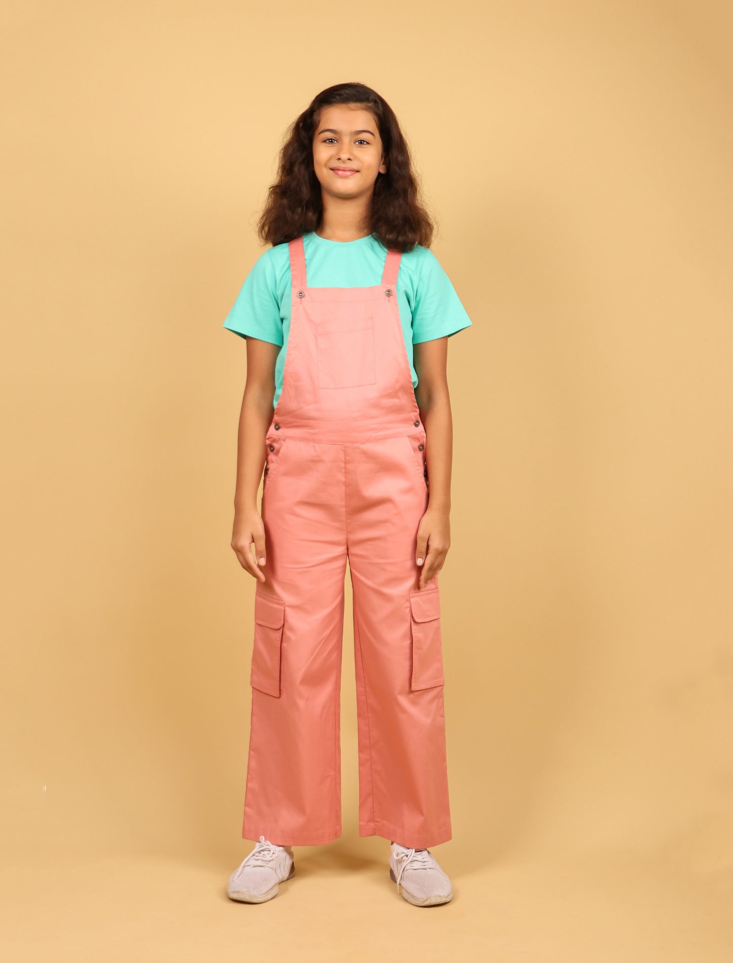 Cargo Twill Cotton Dungaree for Girls Kids (Peach) - Tweeny Mini