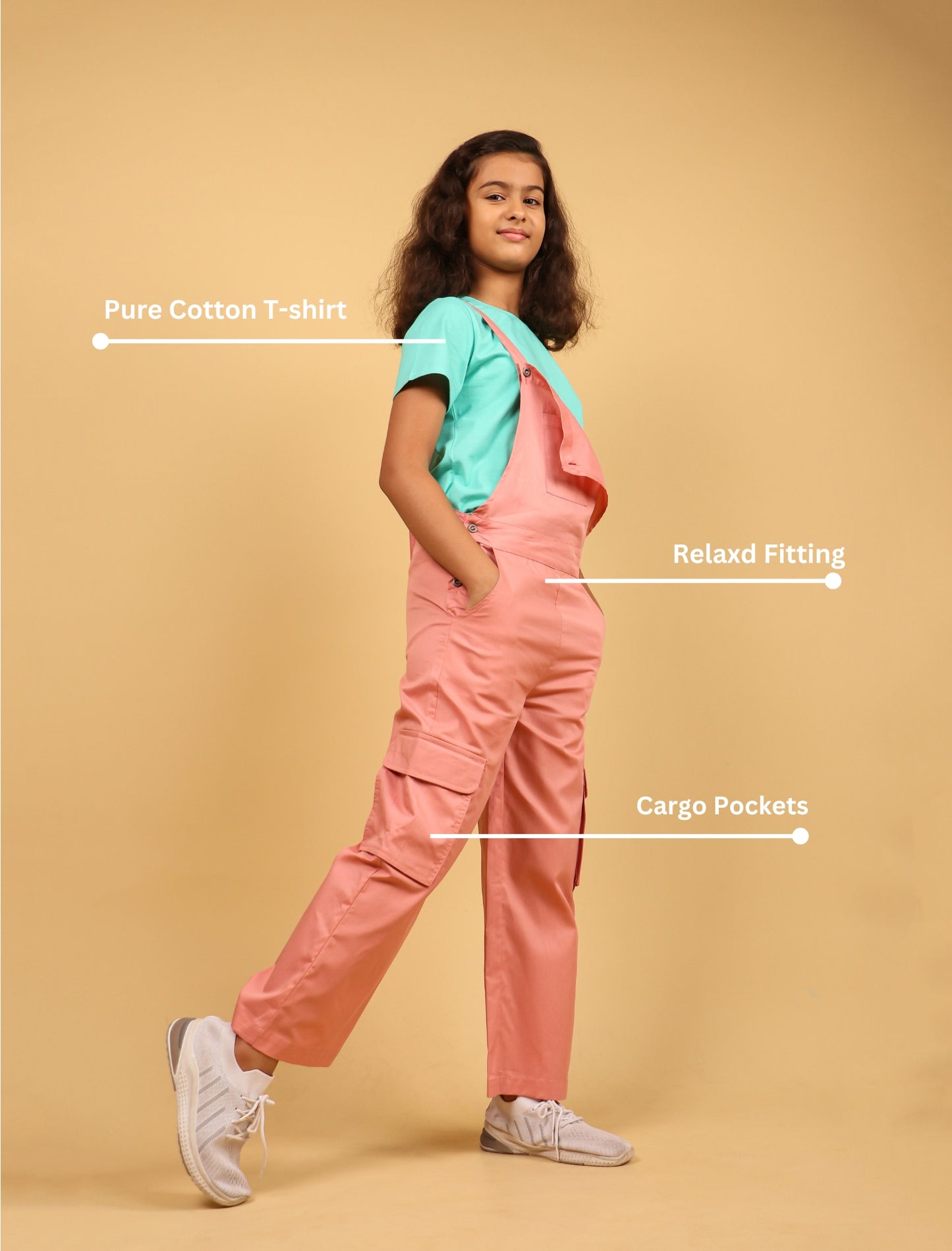 Cargo Twill Cotton Dungaree for Kids Girls with Half Sleeve T-Shirt (Peach) - Tweeny Mini