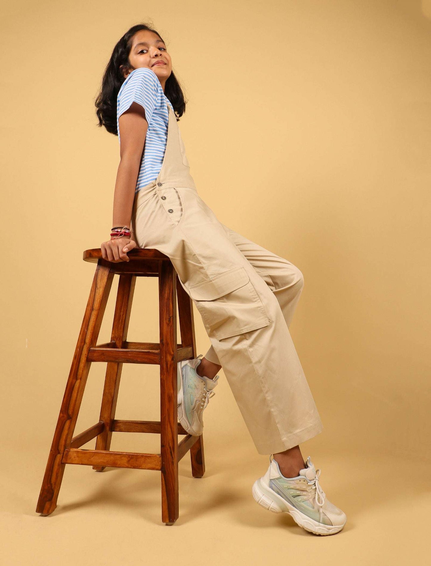 Cargo Twill Cotton Dungaree For Kids Girls (Beige) - Tweeny Mini