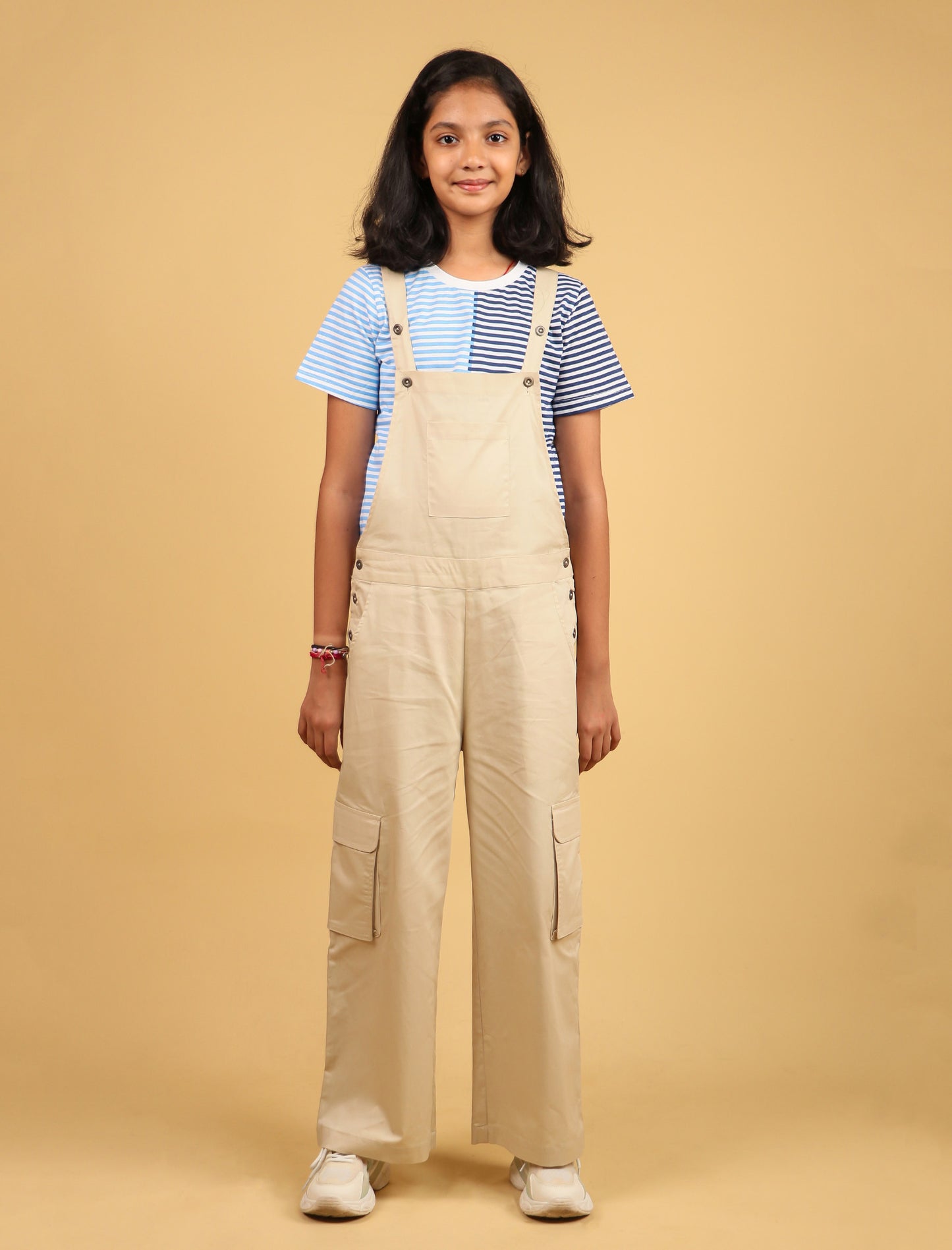Cargo Twill Cotton Dungaree For Kids Girls (Beige) - Tweeny Mini