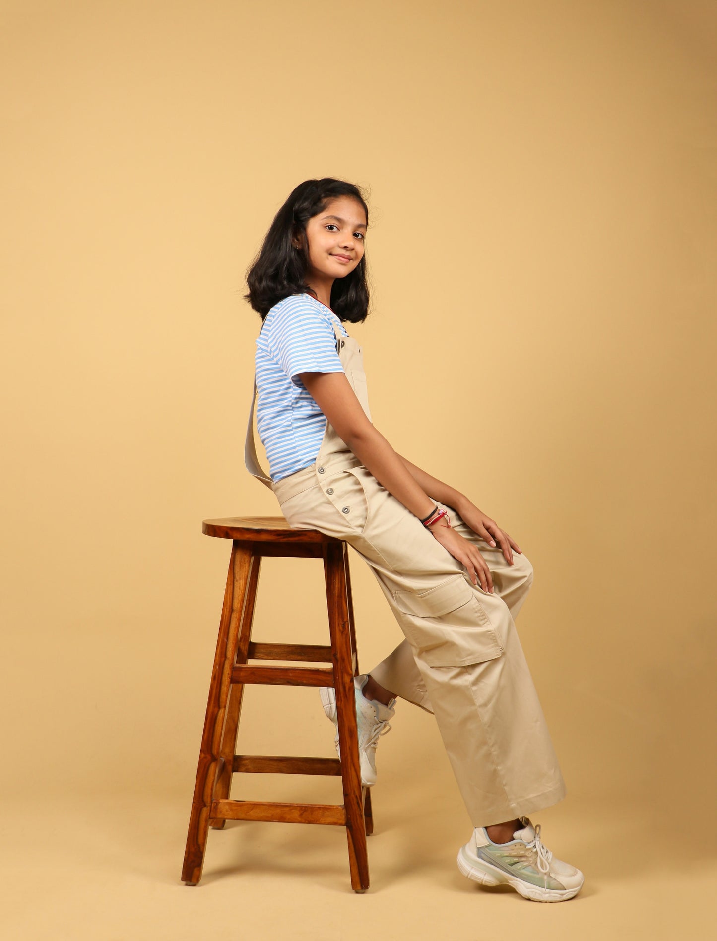 Cargo Twill Cotton Dungaree For Kids Girls with Half Sleeve T-Shirt (Beige) - Tweeny Mini