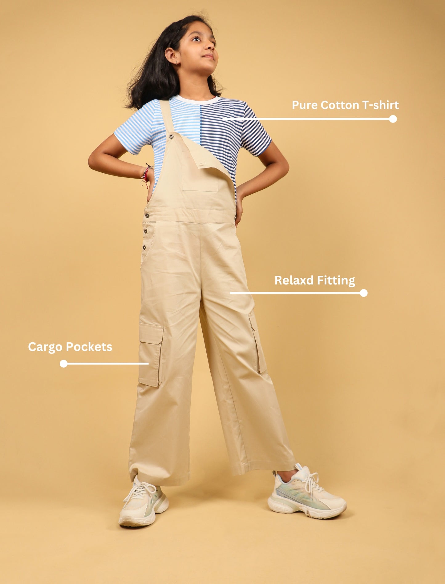 Cargo Twill Cotton Dungaree For Kids Girls with Half Sleeve T-Shirt (Beige) - Tweeny Mini