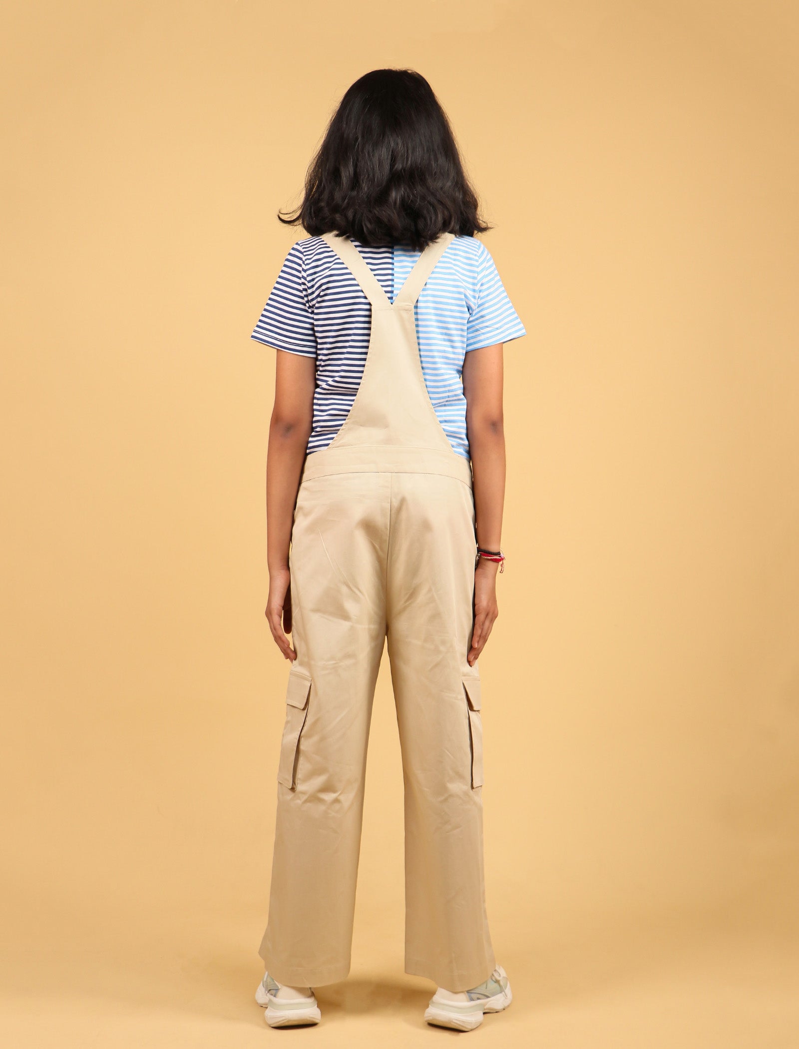 Cargo Twill Cotton Dungaree For Kids Girls with Half Sleeve T-Shirt (Beige) - Tweeny Mini