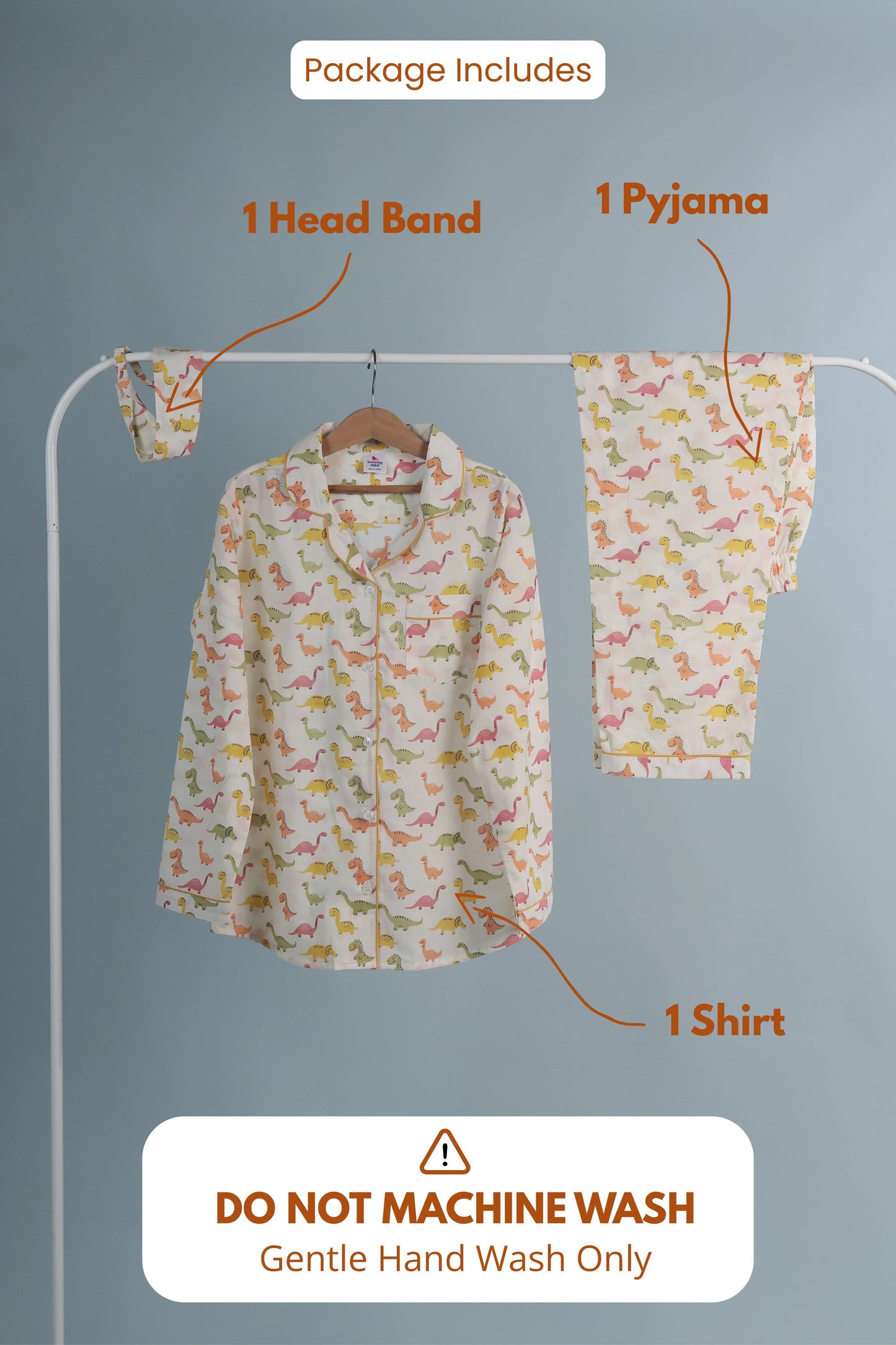 Kids dinosaur print nightwear set with shirt, pyjama and headband, gentle hand wash only