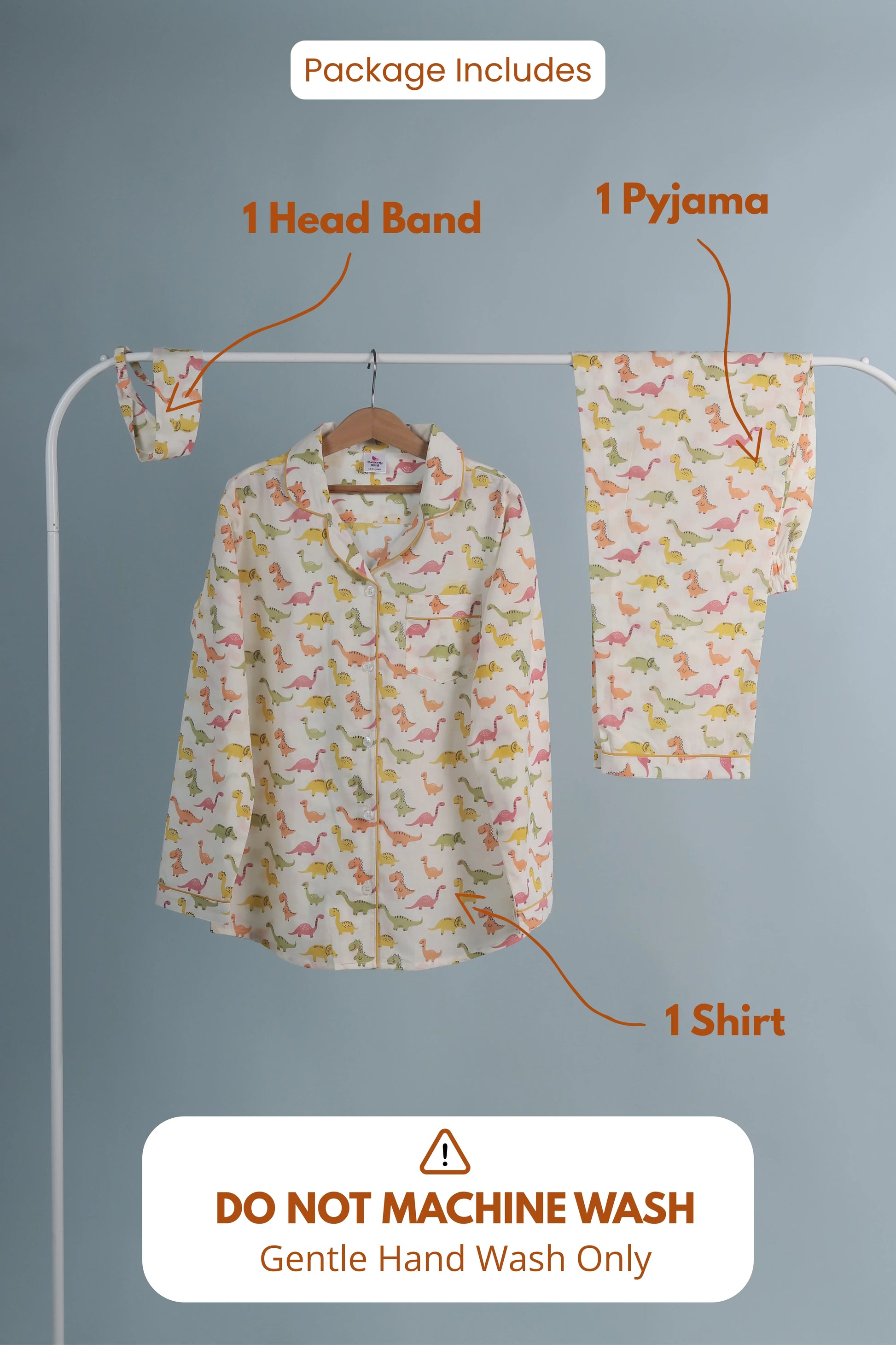 Kids dinosaur print nightwear set with shirt, pyjama and headband, gentle hand wash only