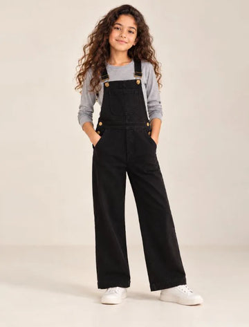 Girls Kids Straight Fit Stylish Denim Dungarees - Black