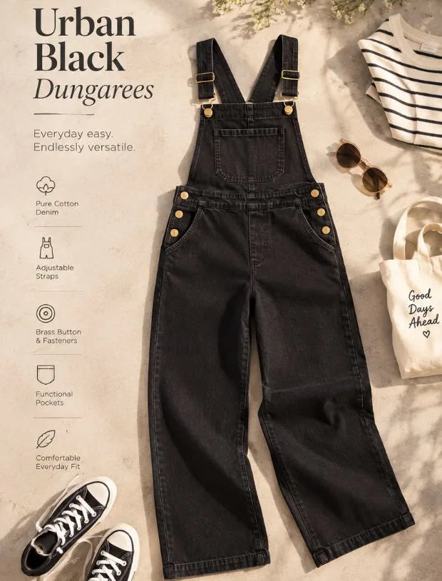 Girls Kids Straight Fit Stylish Denim Dungarees - Black
