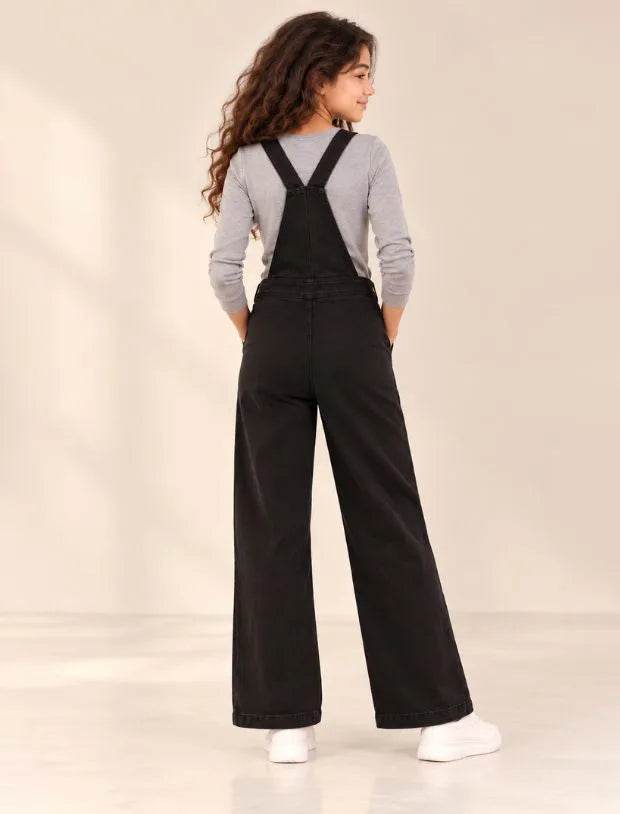 Girls Kids Straight Fit Stylish Denim Dungarees - Black