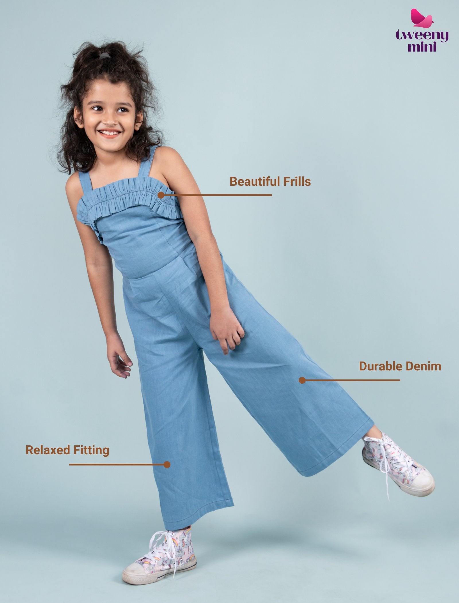 Summer Frilled Denim Jumpsuit for Girls Kids (Blue) - Tweeny Mini