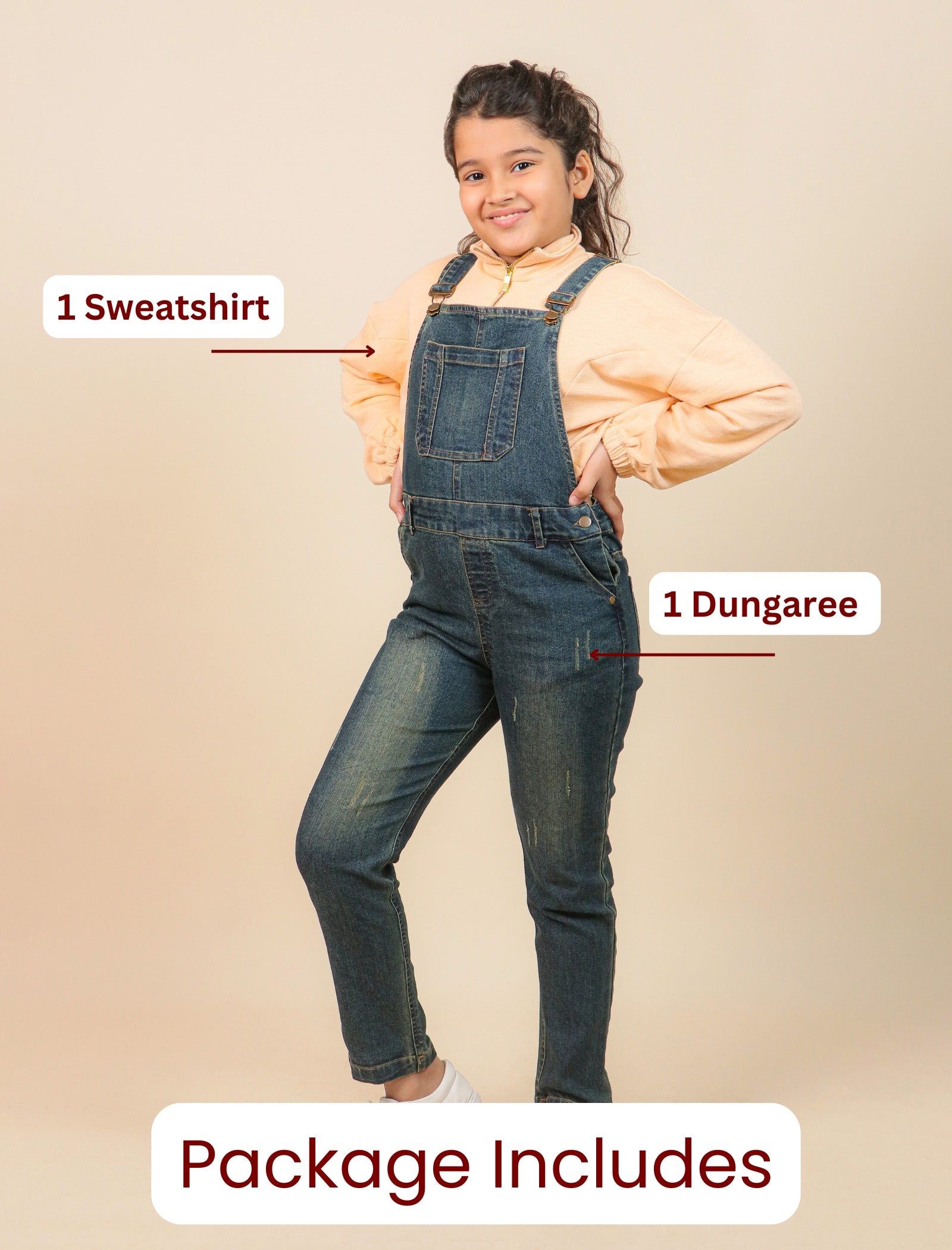 Girls wearing a yellow sweatshirt and blue dungaree with text indicating the items included in the package.