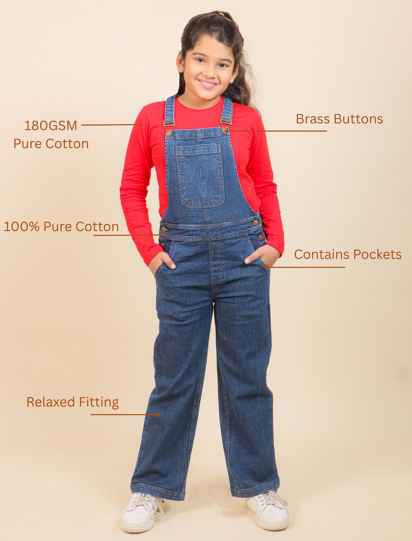 Girl wearing blue denim overalls with text highlighting features on a beige background