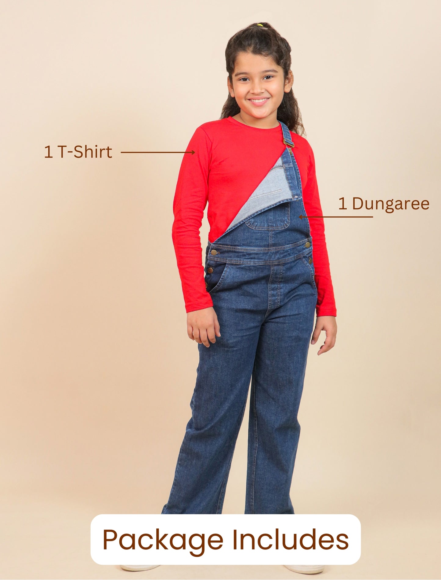 Girl wearing a red t-shirt and blue dungaree with text indicating the package contents on a beige background.