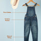 Blue denim overalls on a hanger with text highlighting features on a light blue background