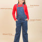 Girls wearing blue denim overalls with text highlighting features on a beige background