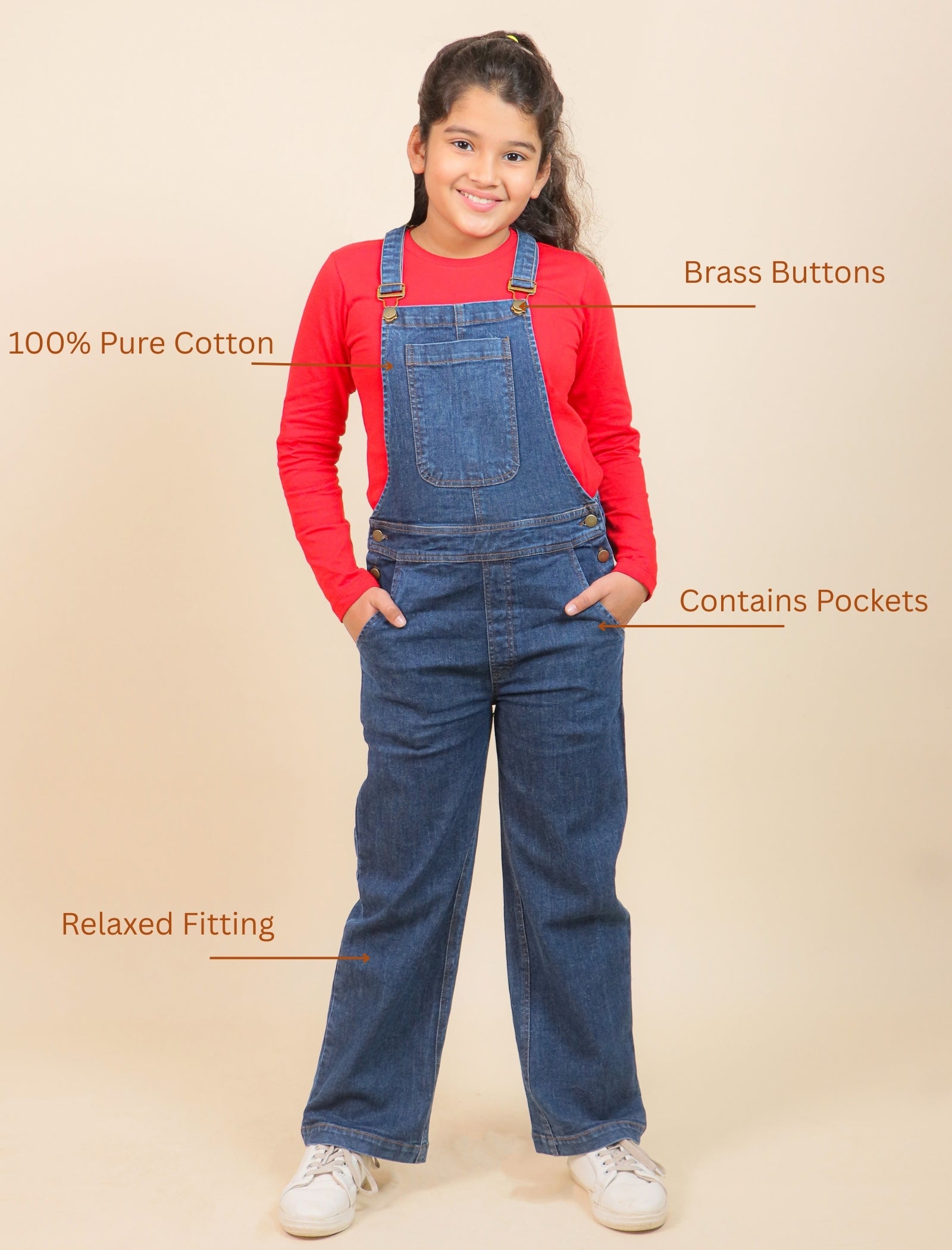 Girls wearing blue denim overalls with text highlighting features on a beige background