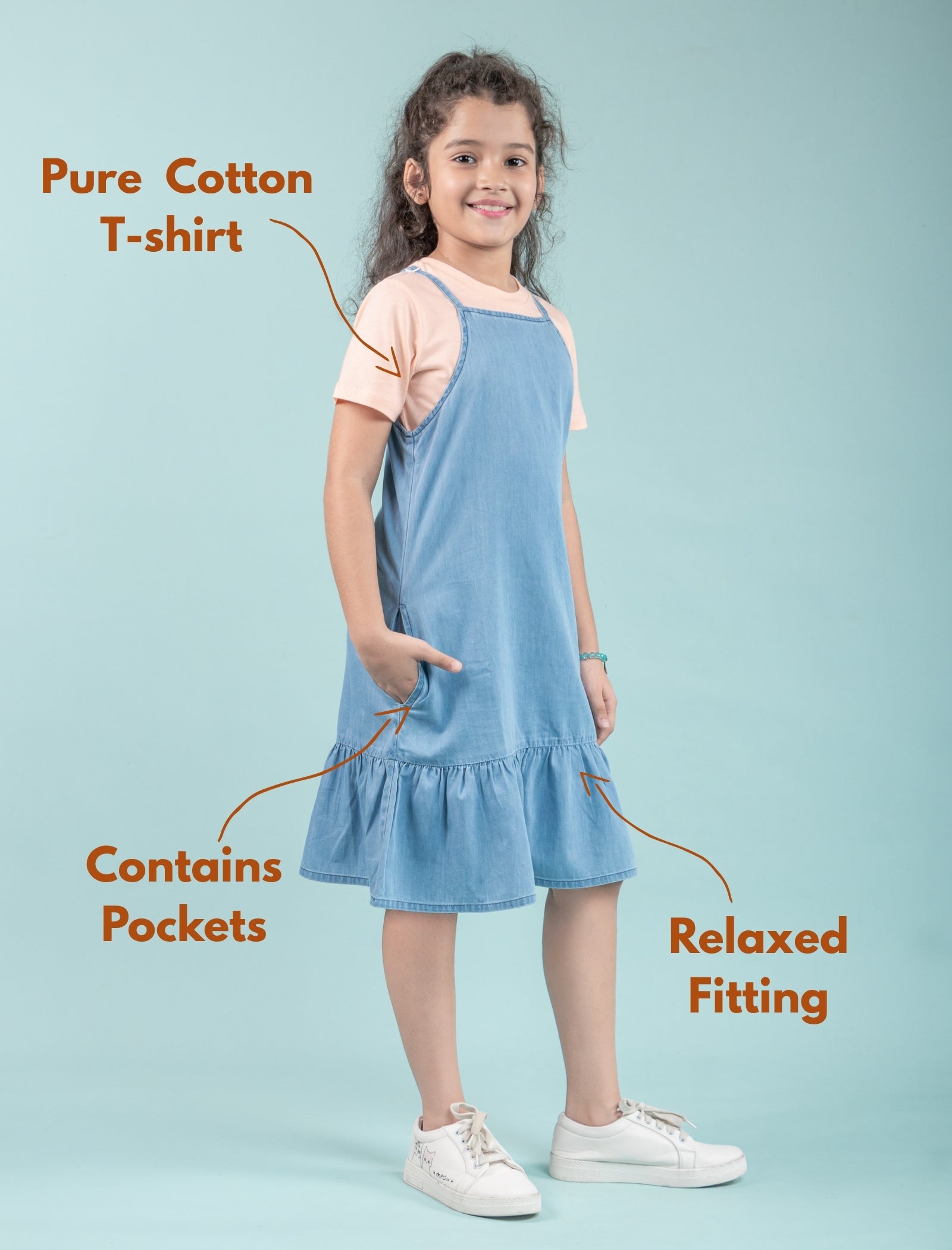 Girl wearing a blue dress with text highlighting features on a light blue background