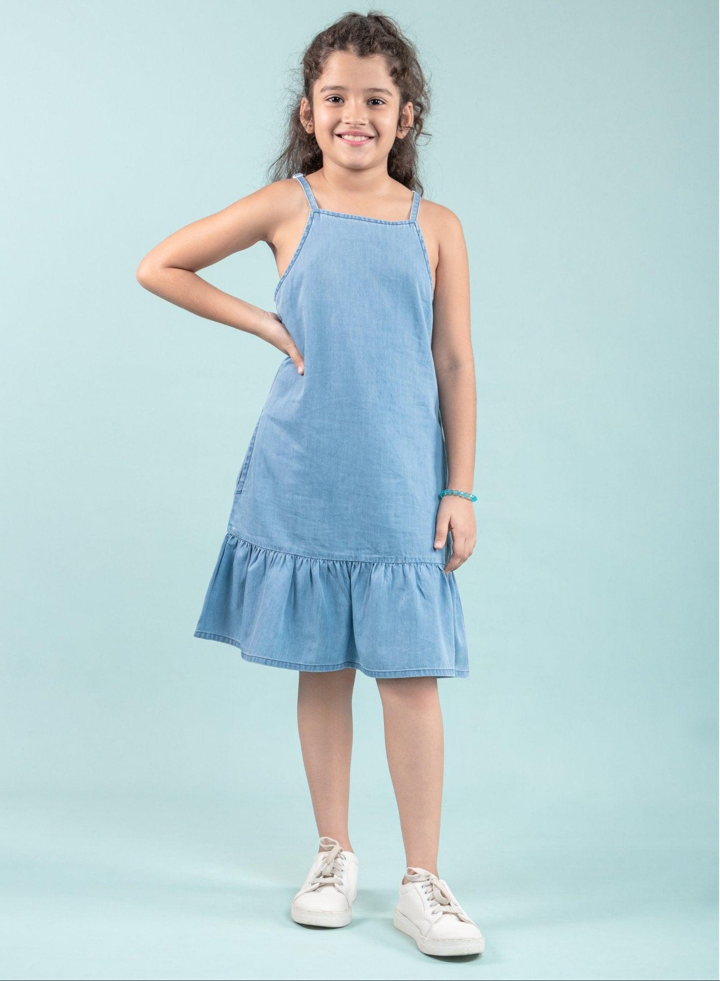 Girls Kids Denim Strappy Pinafore Dress (Light Blue) - Tweeny Mini