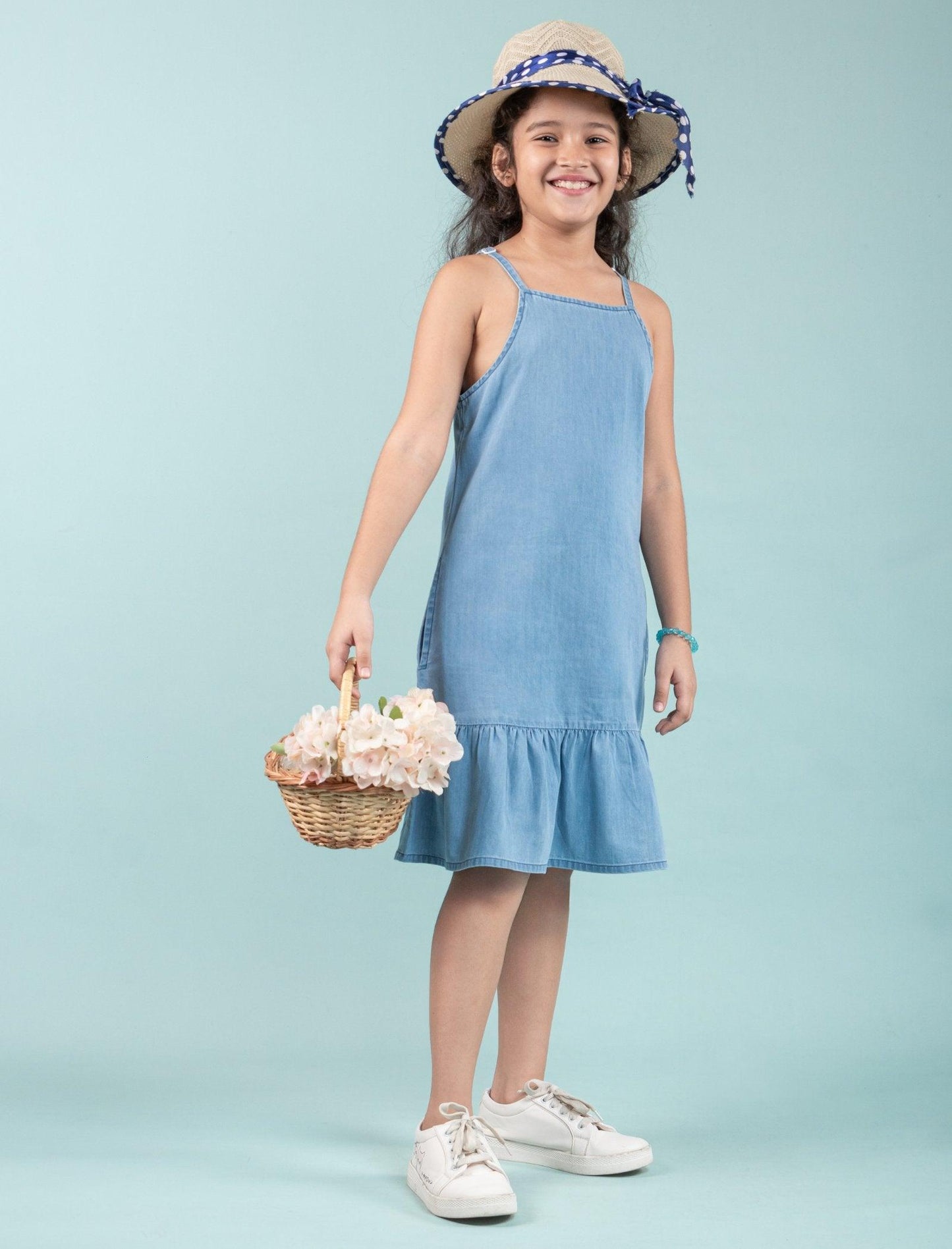Girls Kids Denim Strappy Pinafore Dress (Light Blue) - Tweeny Mini