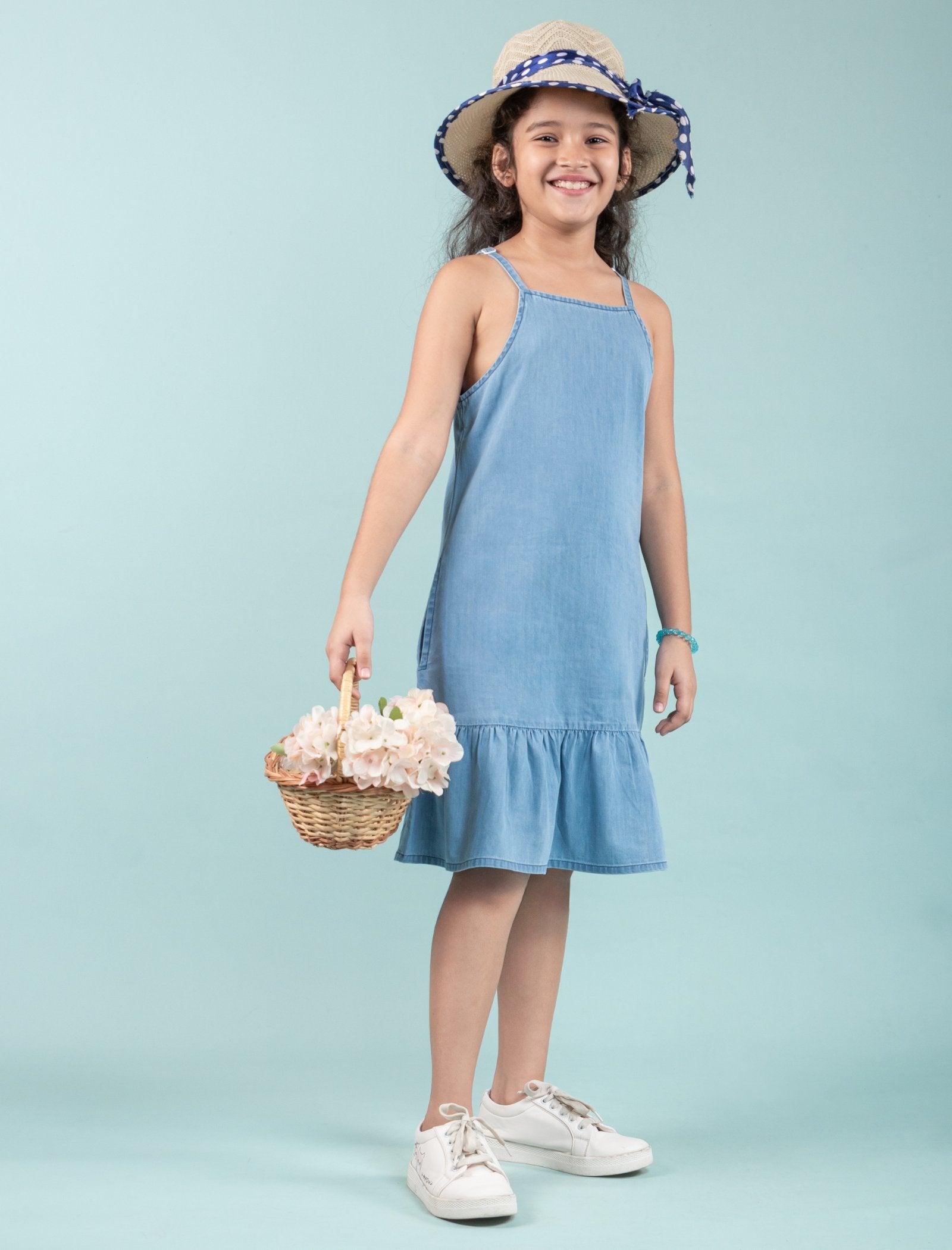 Girls Kids Denim Strappy Pinafore Dress (Light Blue) - Tweeny Mini