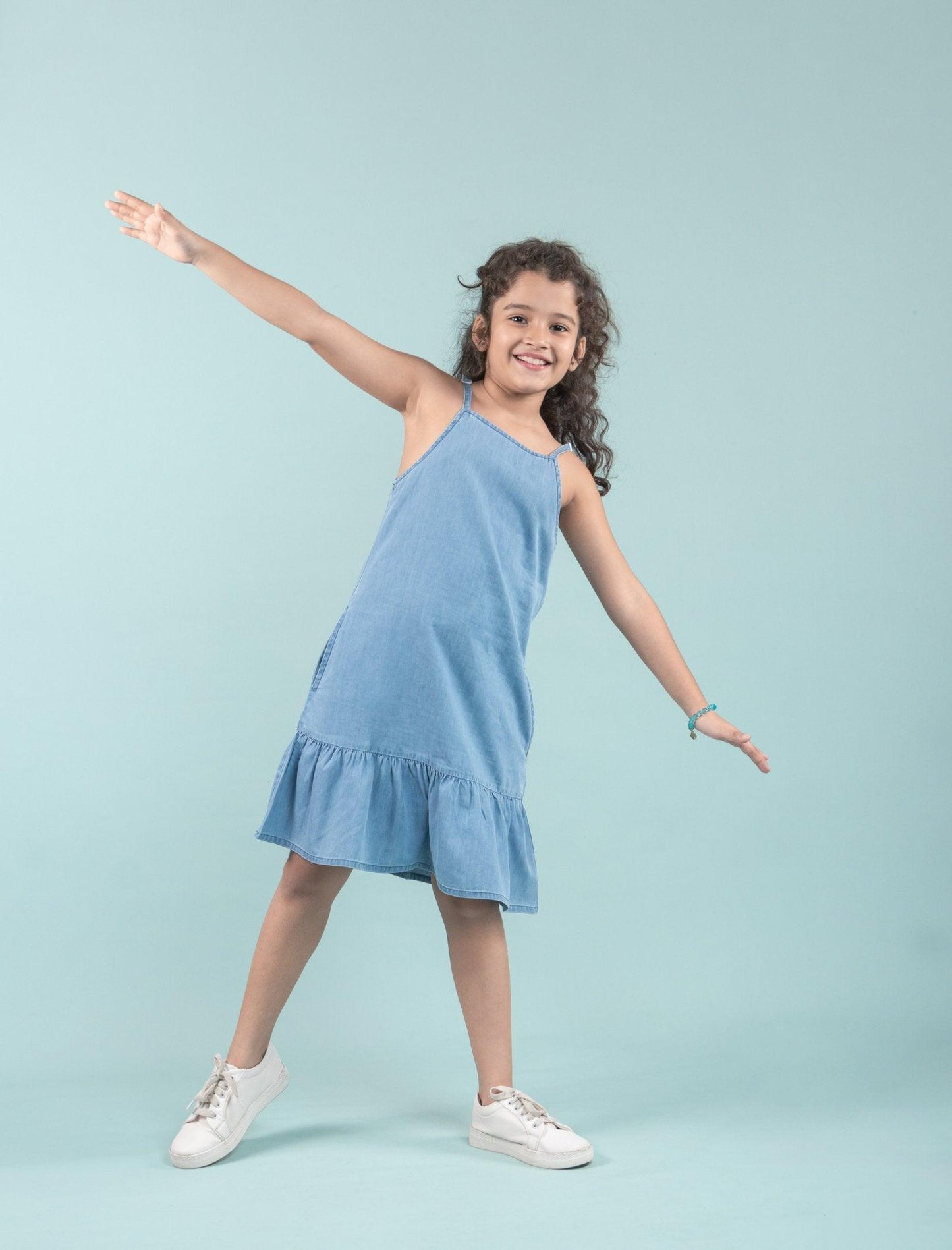 Girls Kids Denim Strappy Pinafore Dress (Light Blue) - Tweeny Mini