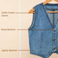 Denim vest on a hanger with text labels indicating material, button type, and wash level.