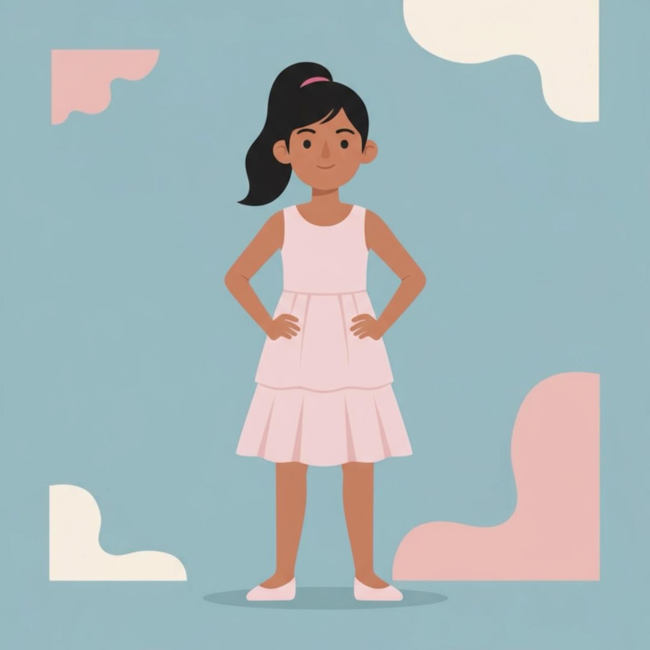 Illustration of a girl in a pink dress standing against a blue background with abstract shapes.
