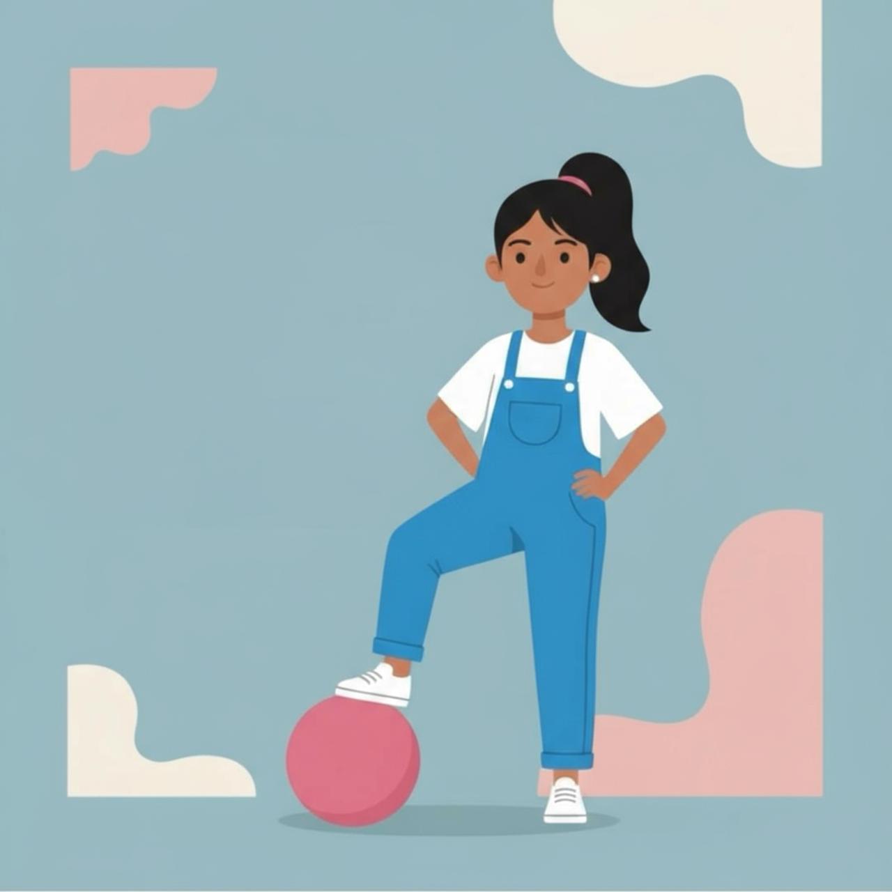 Illustration of a person wearing blue overalls and white shoes on a light blue background