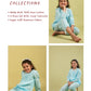 Girls  light blue pajama set with text highlighting features on a beige background