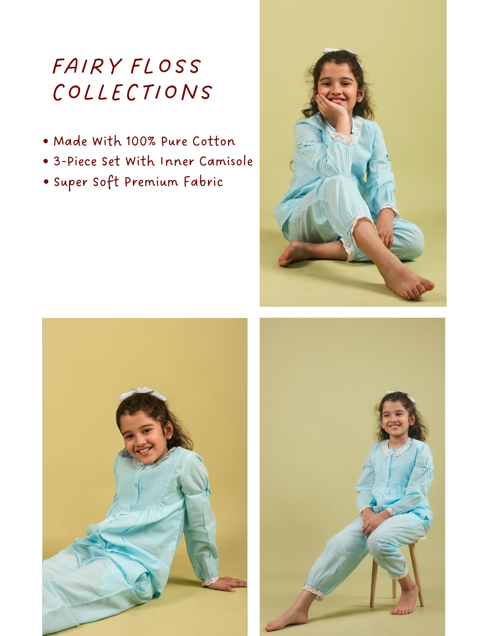 Girls  light blue pajama set with text highlighting features on a beige background
