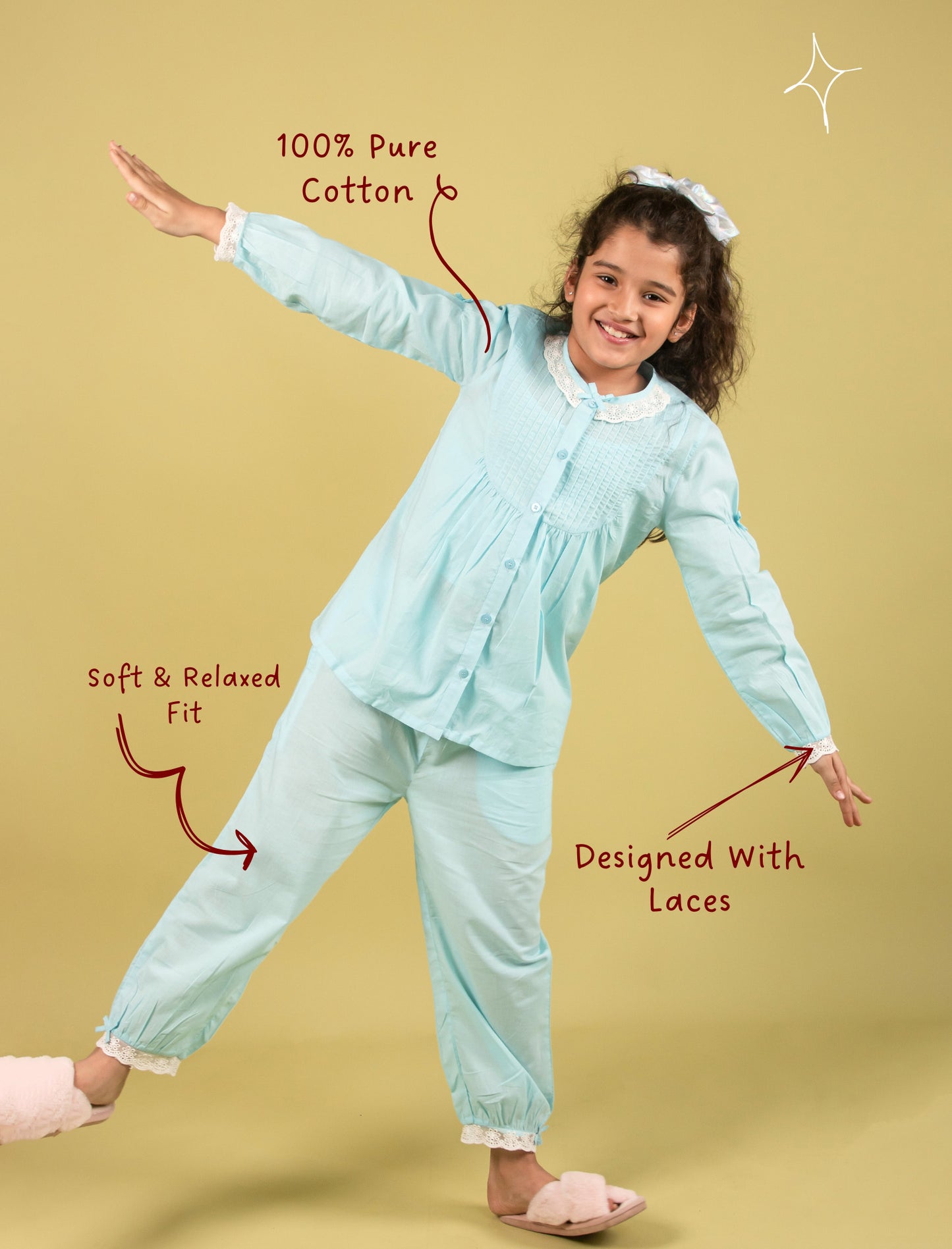 Girl wearing a light blue outfit with text highlighting features on a beige background