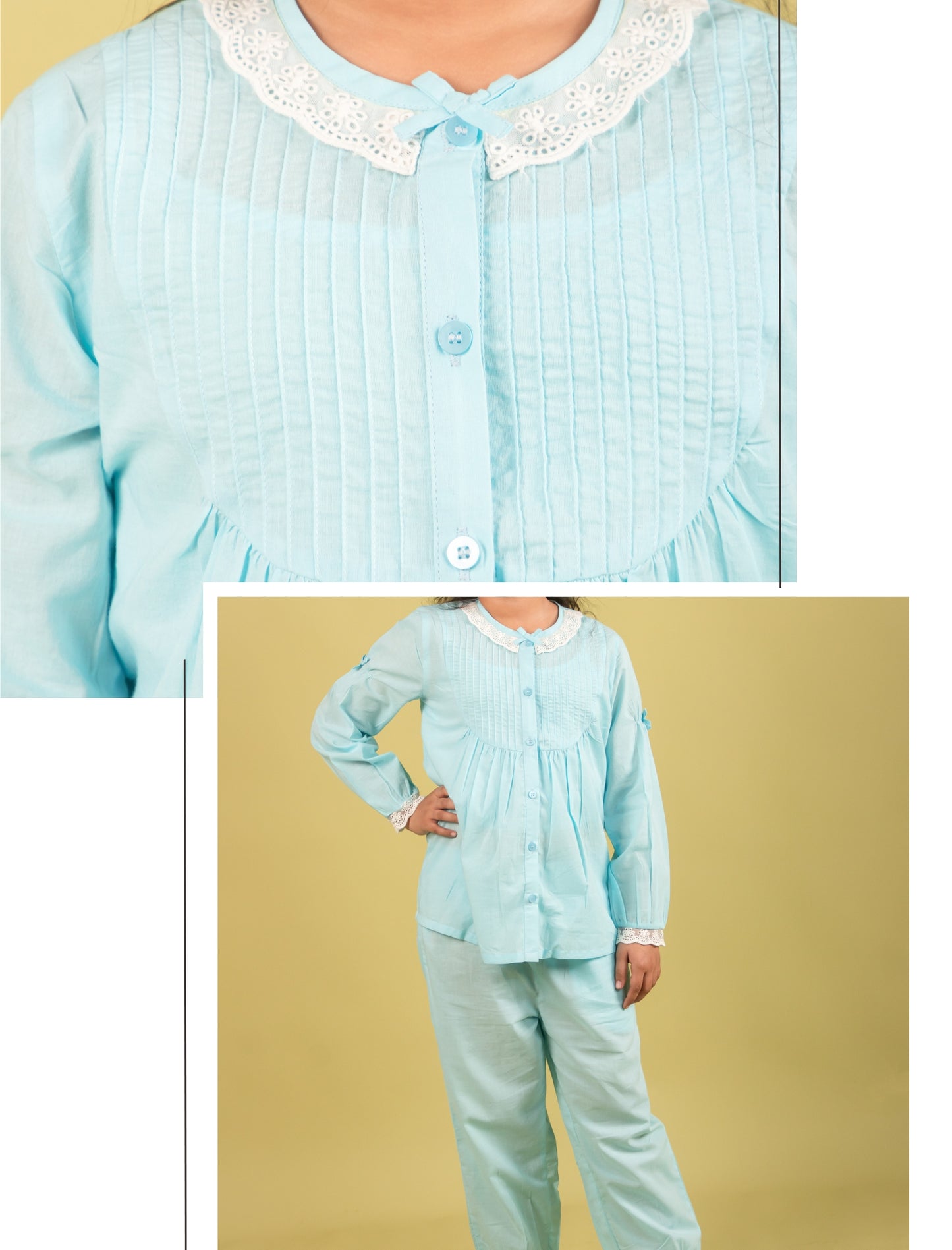 Light blue pajama set with lace trim on a white background