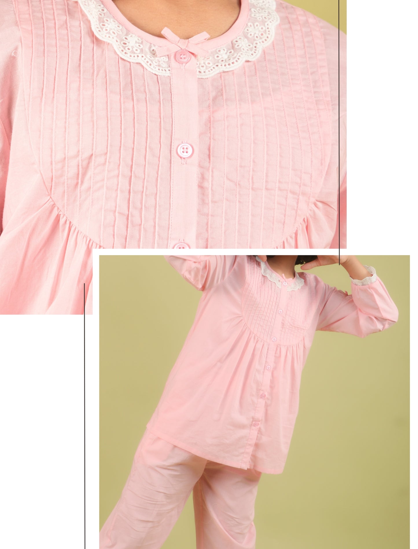 Pink girls kids outfit with lace details on a green background