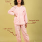 Girl wearing a pink pajama set on a beige background with text highlighting features.