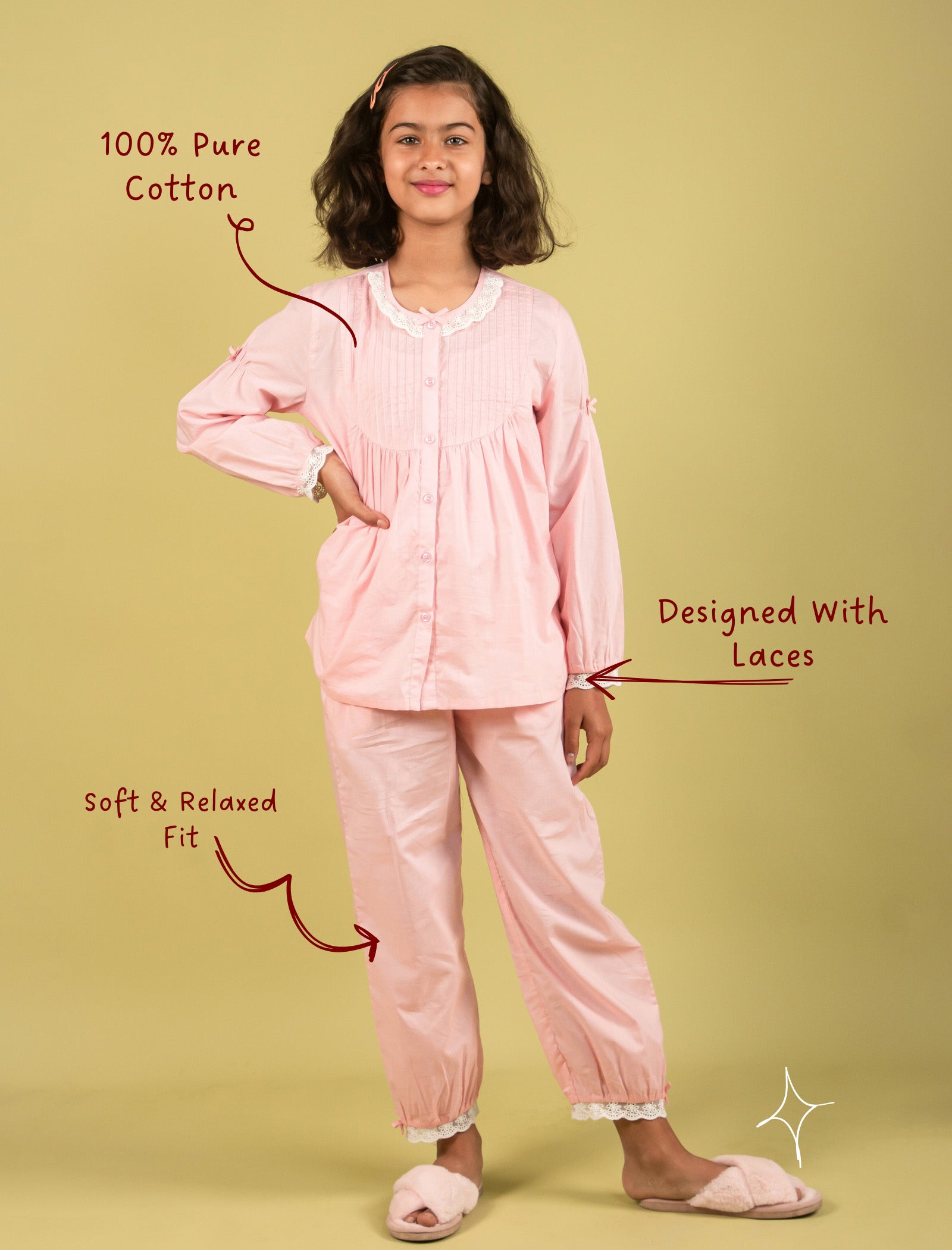 Girl wearing a pink pajama set on a beige background with text highlighting features.