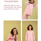 Pink pajama set with girl model on a green background, featuring text about fabric and design.