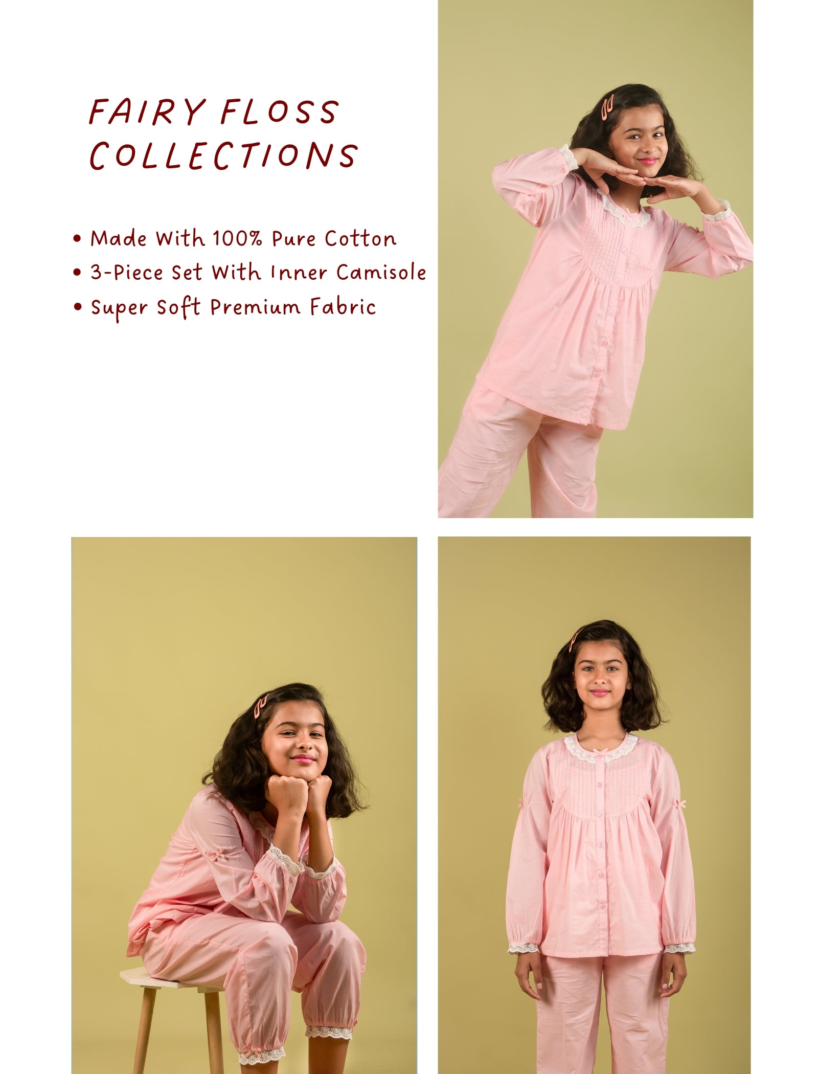 Pink pajama set with girl model on a green background, featuring text about fabric and design.