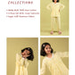 Yellow Girls outfit with text about fairy floss collections on a beige background