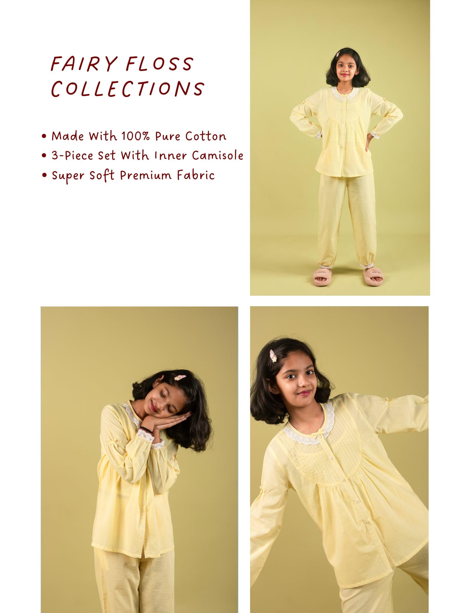 Yellow Girls outfit with text about fairy floss collections on a beige background