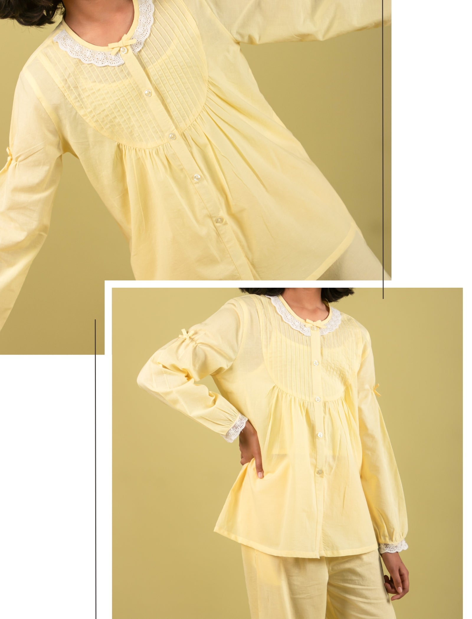 Yellow outfit with white lace details on a yellow background