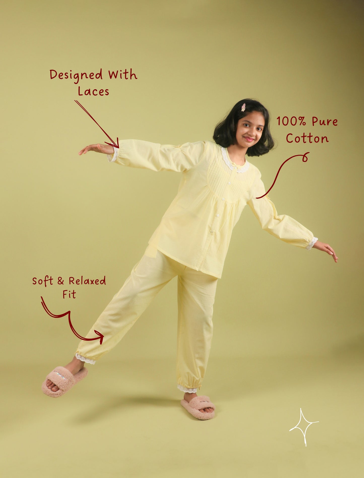 Girls wearing a light yellow outfit with text highlighting features on a beige background