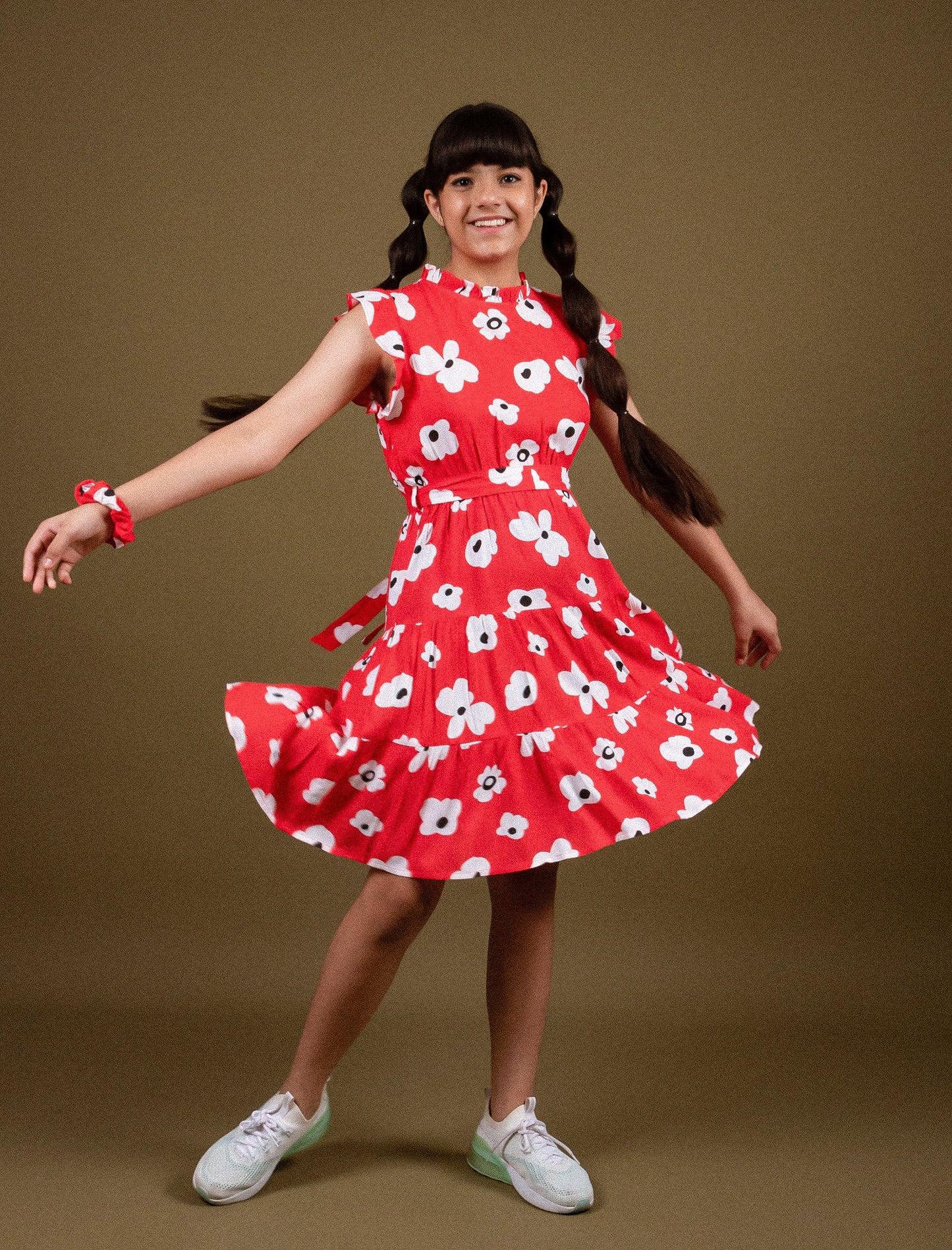 Classic Floral Dress for Girls Kids with Ruffled Sleeves (Red) - Tweeny Mini