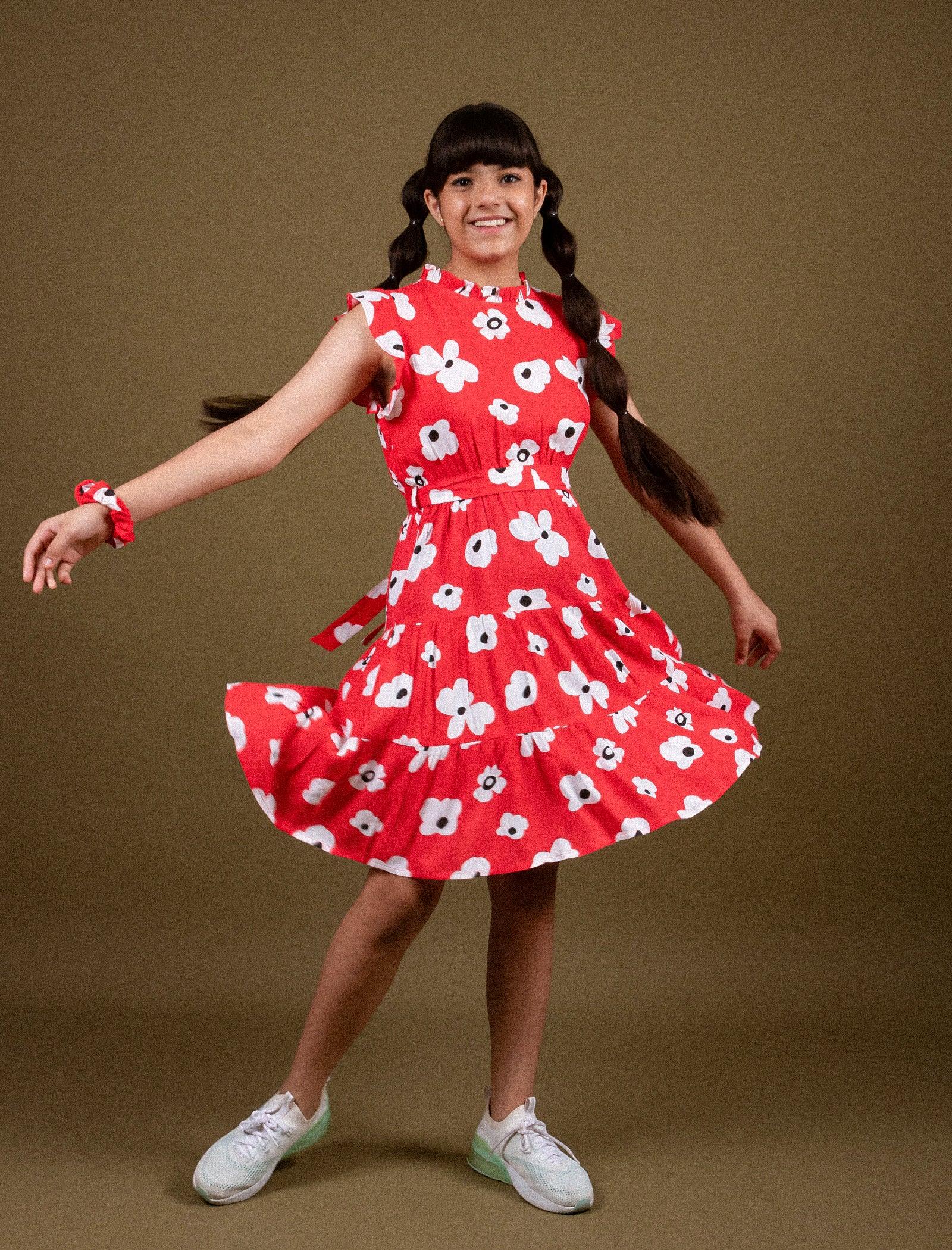 Classic Floral Dress for Girls Kids with Ruffled Sleeves (Red) - Tweeny Mini