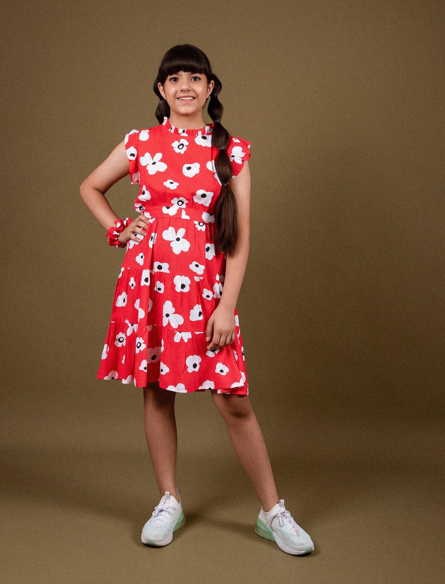 Classic Floral Dress for Girls Kids with Ruffled Sleeves (Red) - Tweeny Mini