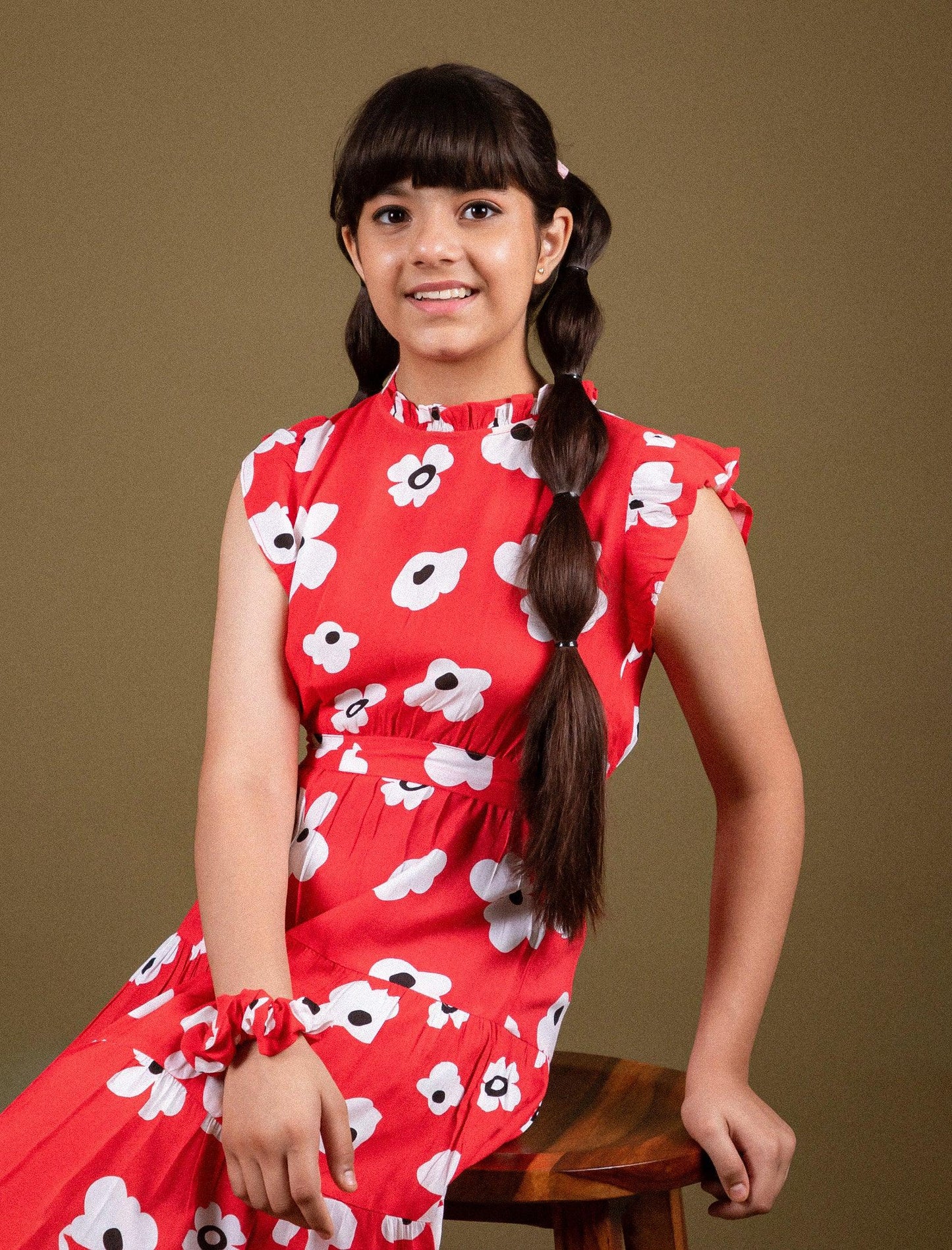 Classic Floral Dress for Girls Kids with Ruffled Sleeves (Red) - Tweeny Mini