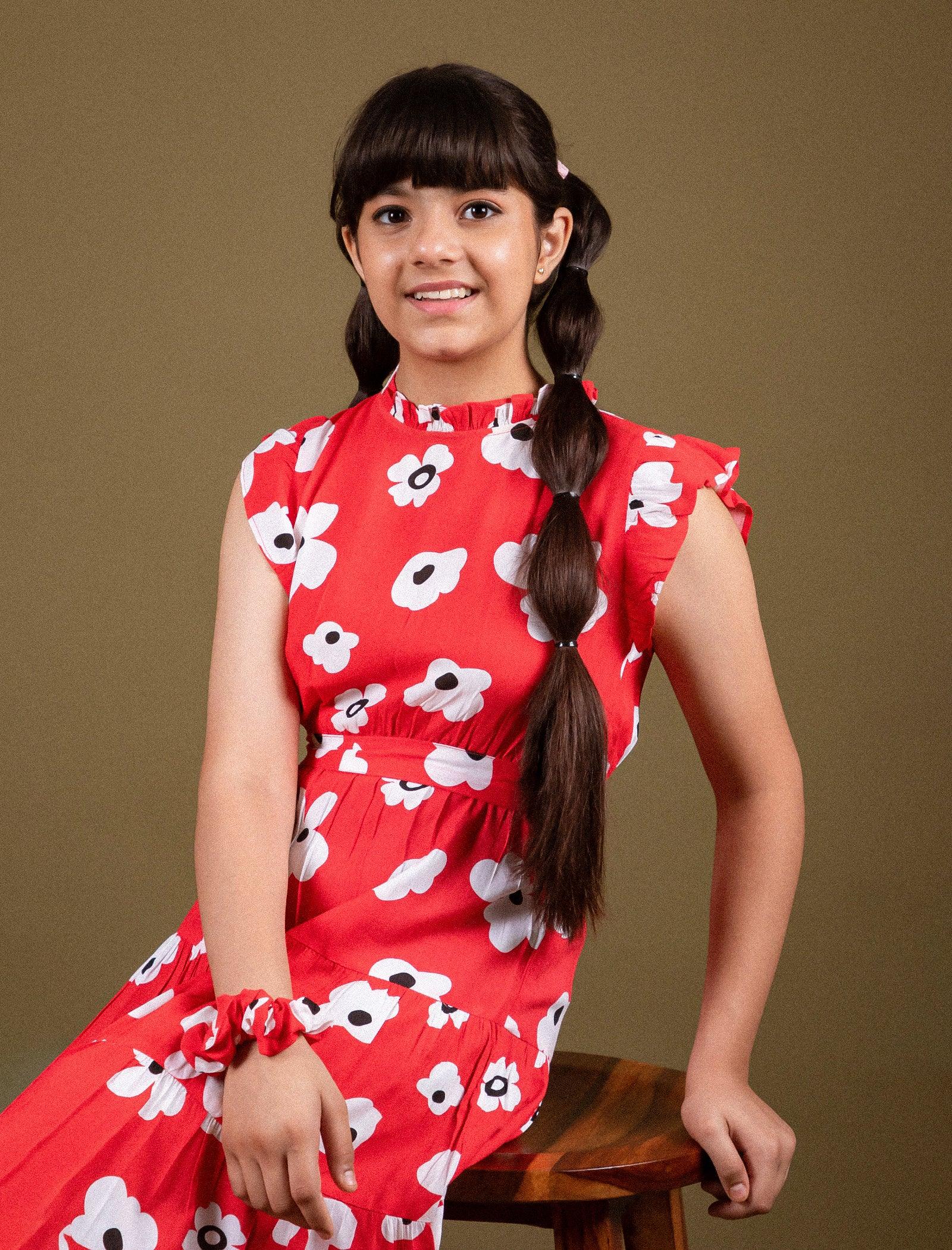 Classic Floral Dress for Girls Kids with Ruffled Sleeves (Red) - Tweeny Mini