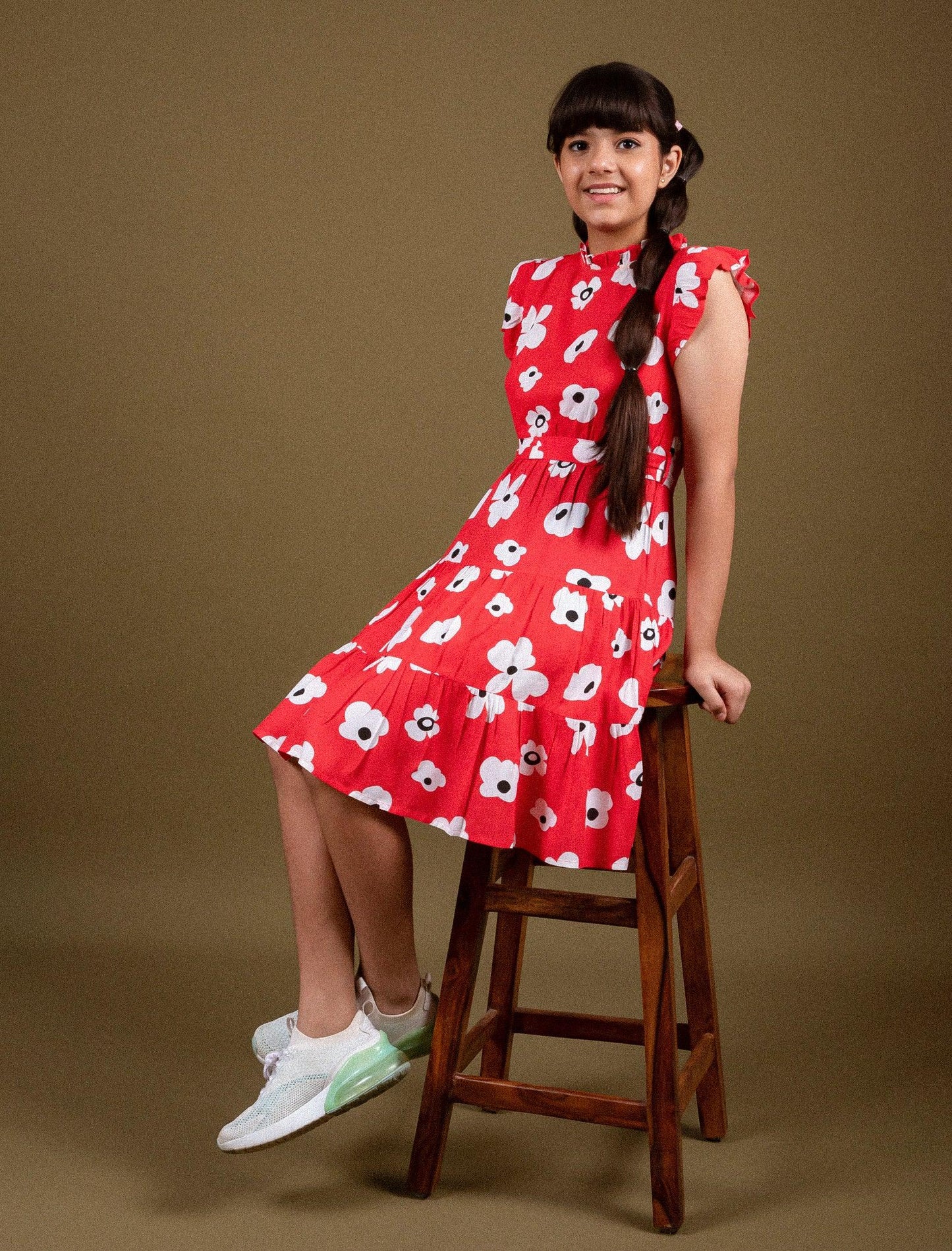 Classic Floral Dress for Girls Kids with Ruffled Sleeves (Red) - Tweeny Mini