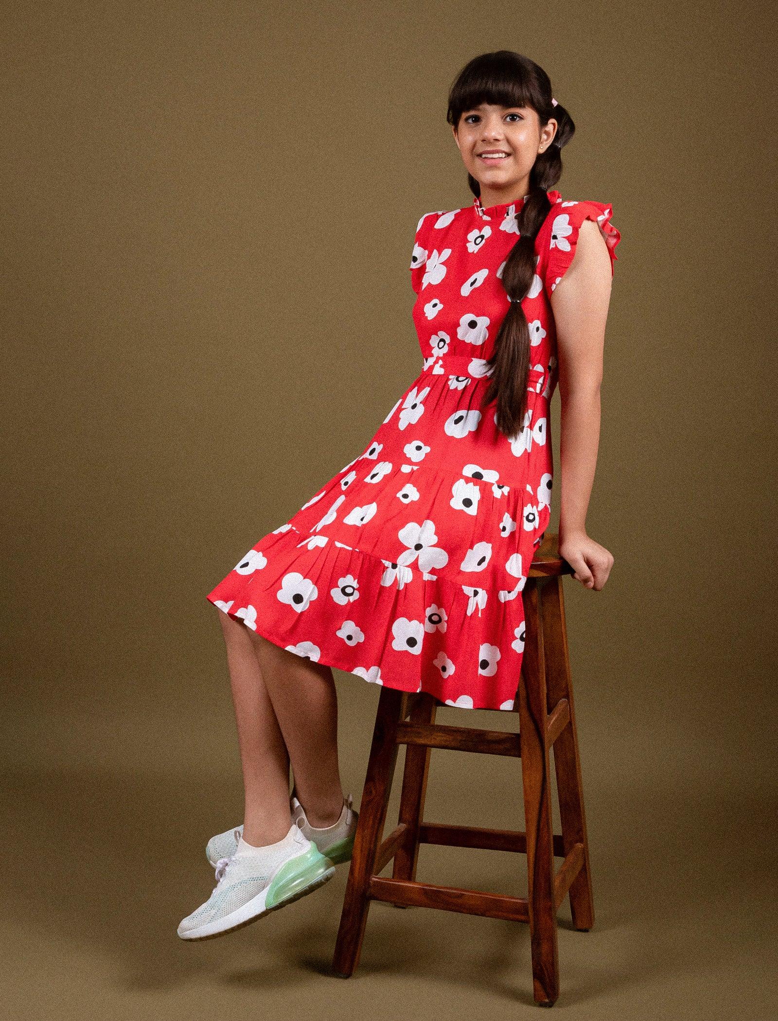 Classic Floral Dress for Girls Kids with Ruffled Sleeves (Red) - Tweeny Mini